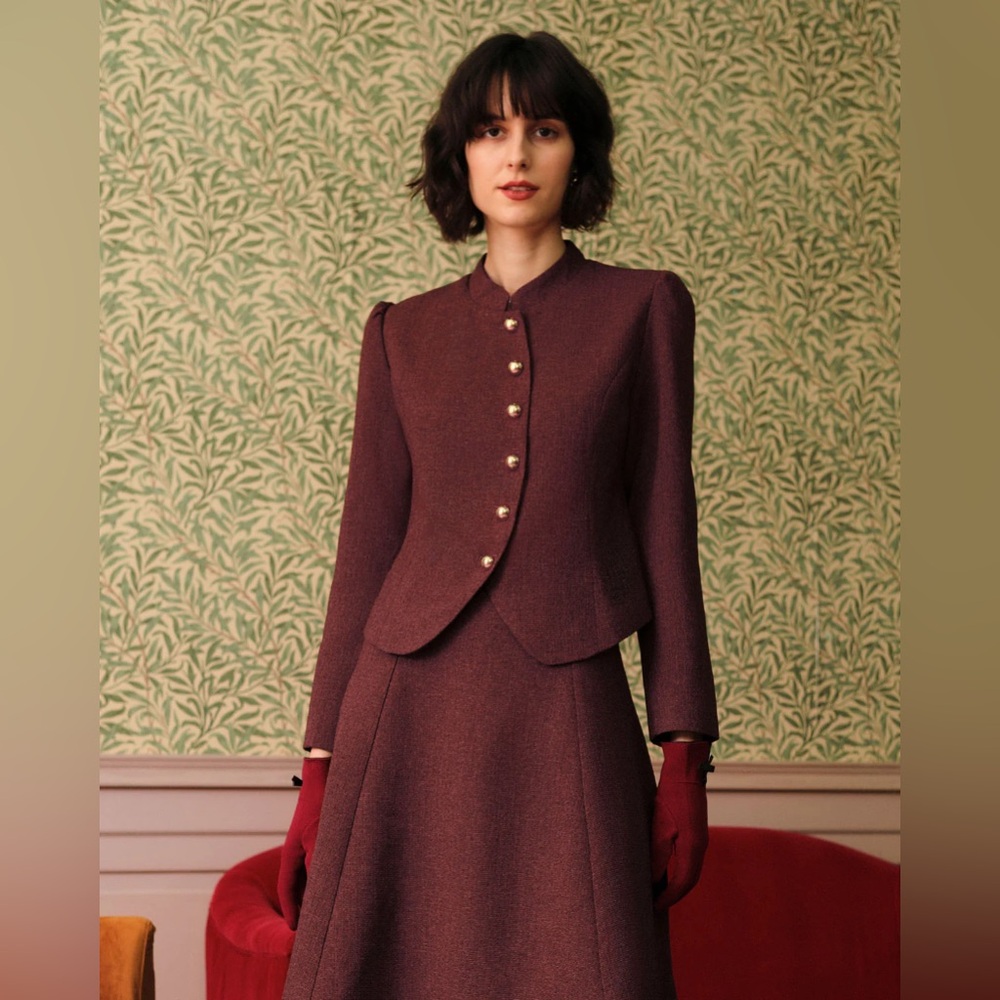 Burgundy Retro Single-breasted Tweed Jacket - Picture 1 of 5